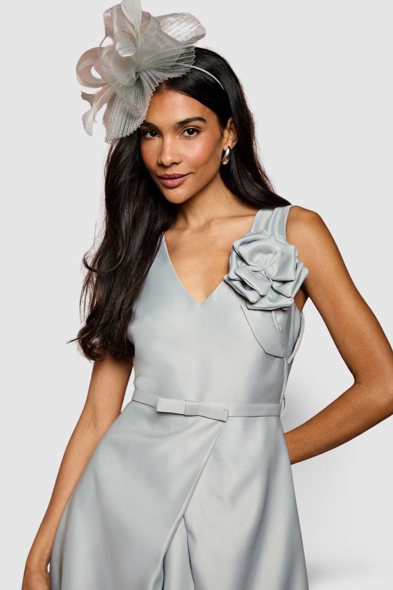 Structured Satin 3D Corsage Midi Dress, Alternate, color, Silver