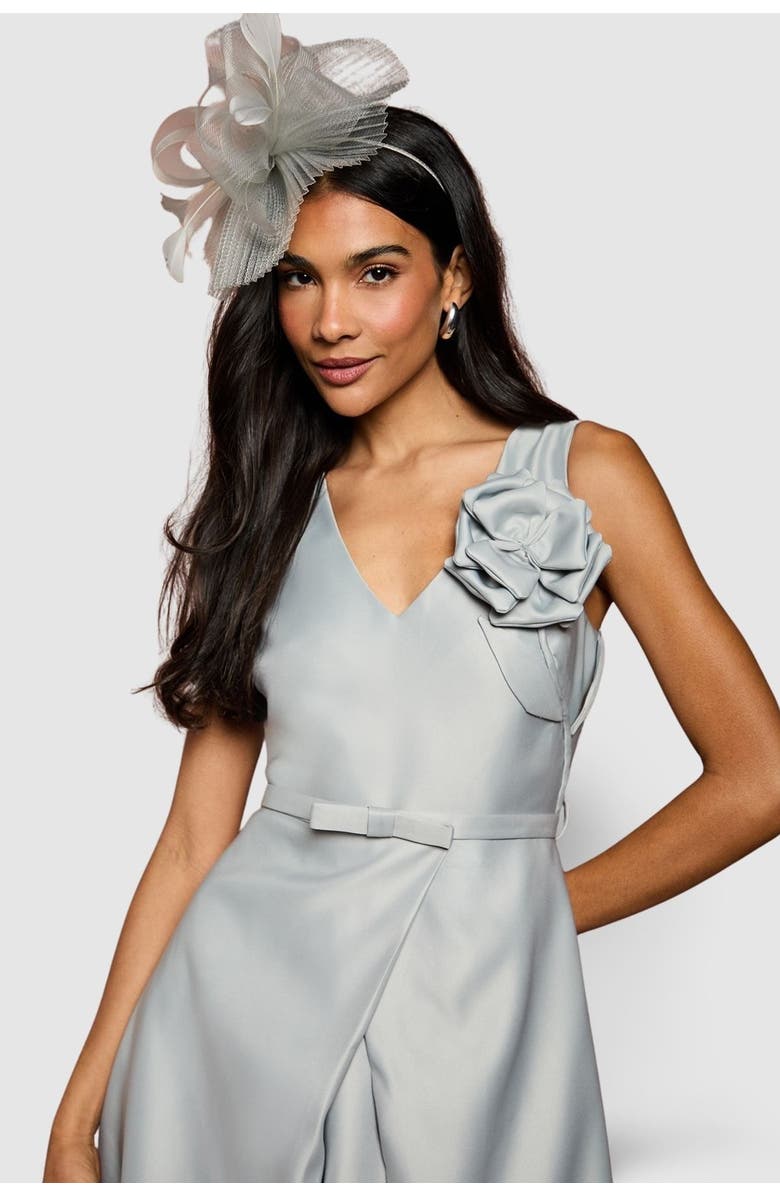 Coast Structured Satin 3D Corsage Midi Dress, Alternate, color, Silver