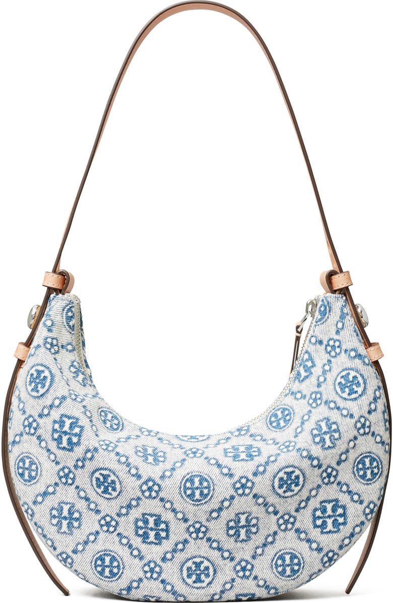 Tory Burch Romy Denim Half Moon Shoulder Bag, Alternate, color, Powder Blue