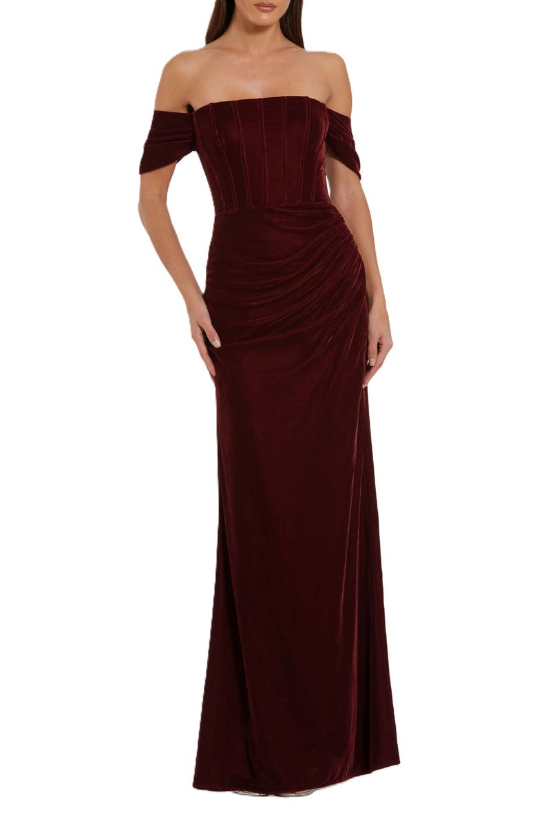 Mac Duggal Off the Shoulder Velvet Bustier Gown, Main, color, Wine
