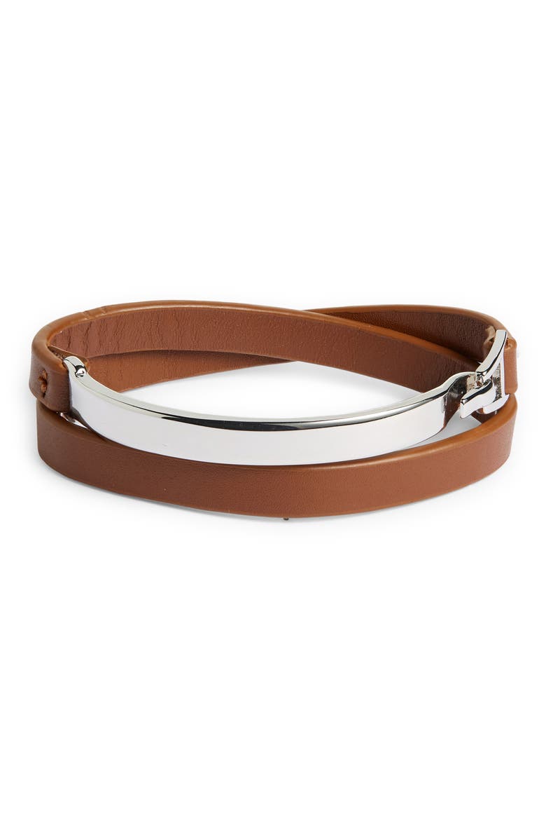Men's Bar Station Leather Wrap Bracelet, Main, color, BROWN- SILVER