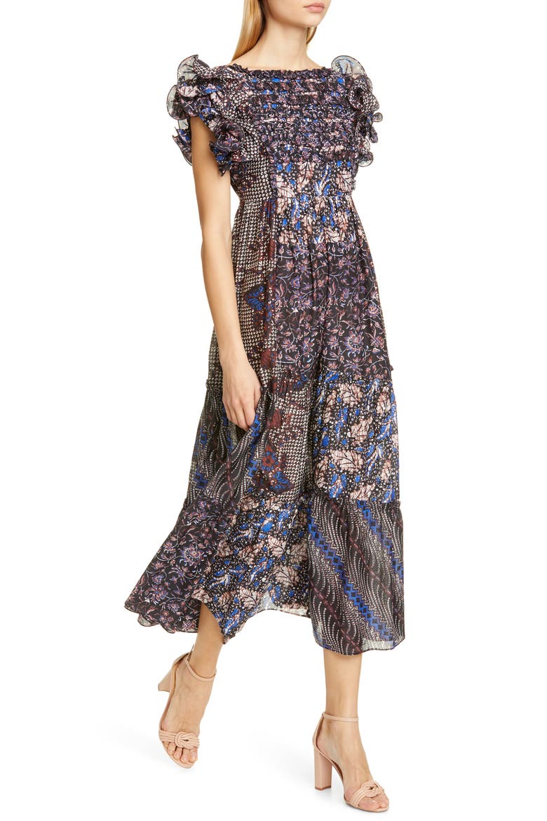 Zoya Ruffle Trim Ikat Midi Dress, Alternate, color, INDIGO