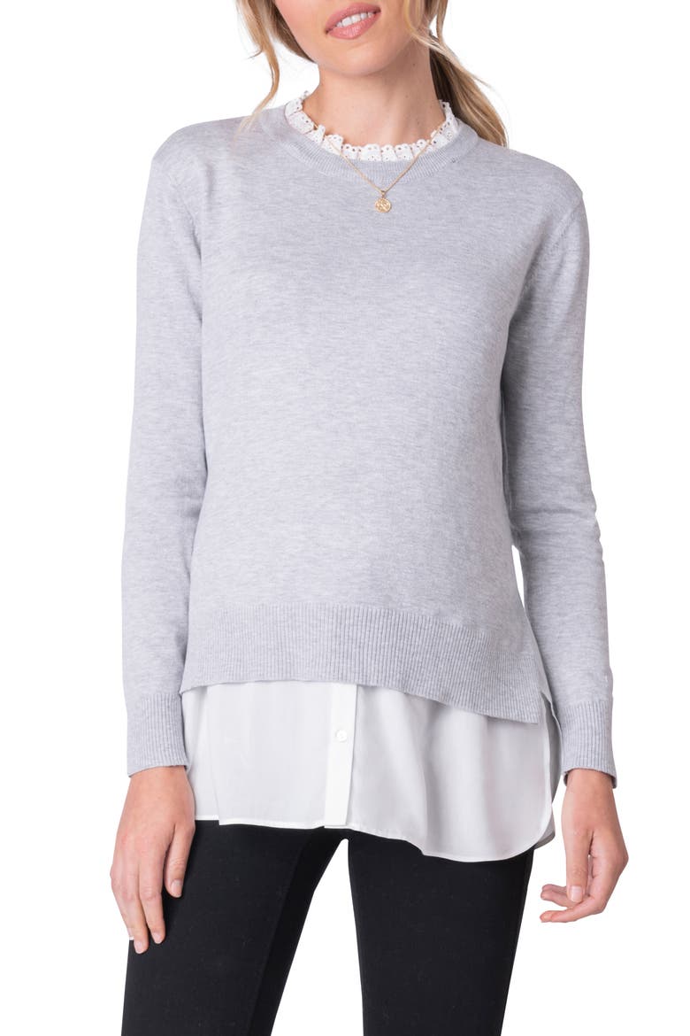 Layered Lace Trim Maternity/Nursing Sweater, Main, color, DARK GREY