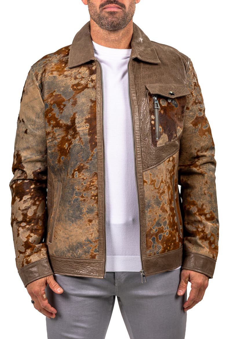 Leather & Genuine Calf Hair Jacket, Main, color, BROWN
