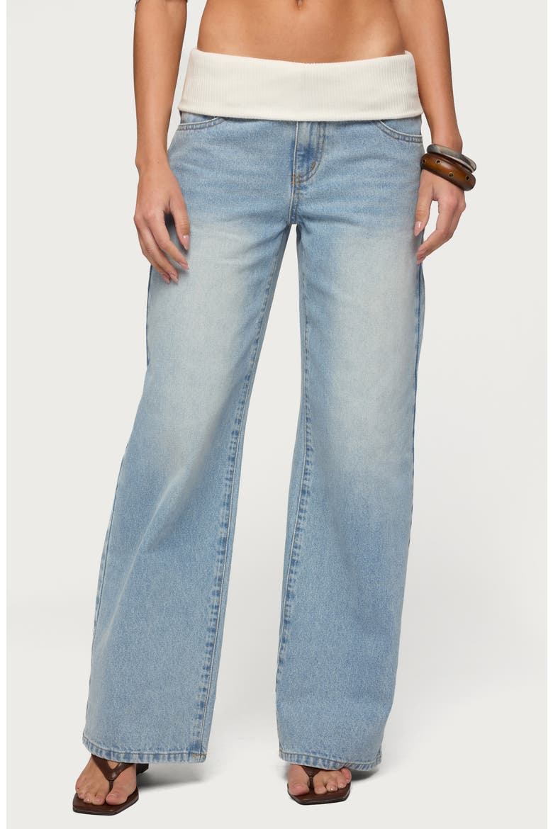Knit Foldover Low Rise Baggy Jeans, Main, color, LIGHT-BLUE