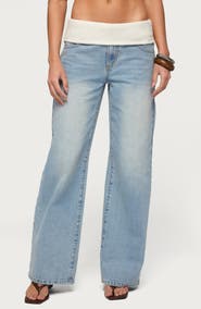 EDIKTED Knit Foldover Low Rise Baggy Jeans