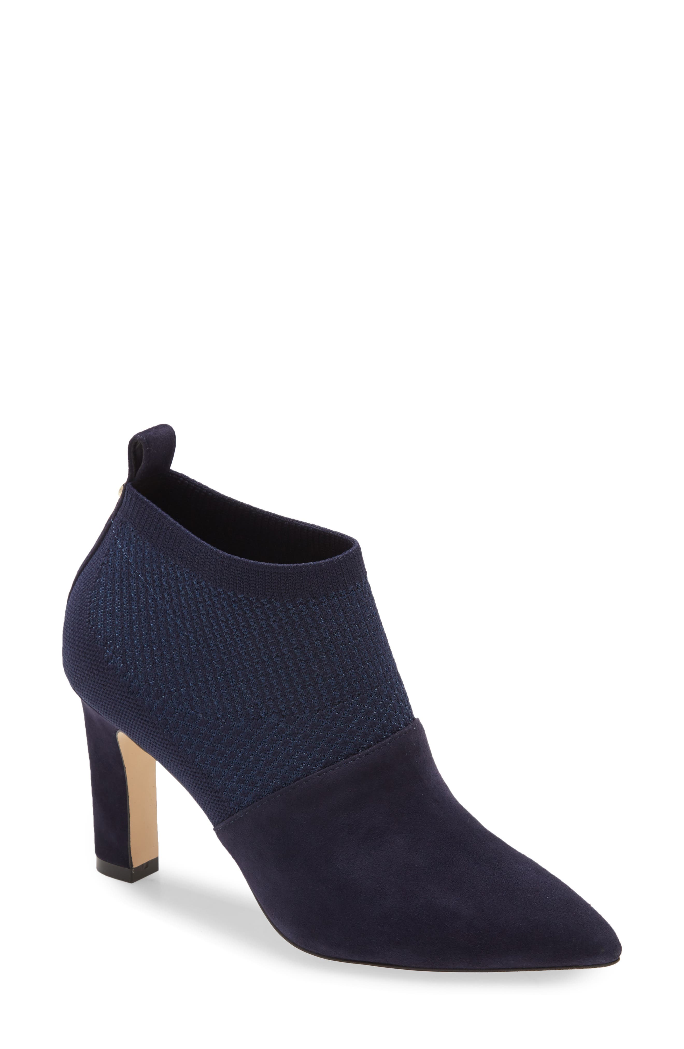 Vannie Pointed Toe Bootie, Main, color, MARINE BLUE KNIT/ SUEDE