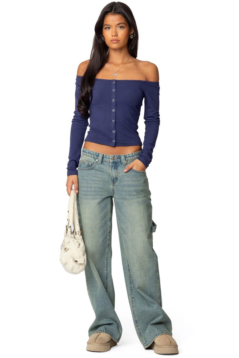 Off the Shoulder Long Sleeve Snap-Up Top, Alternate, color, NAVY