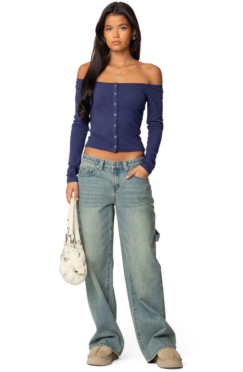 EDIKTED Off the Shoulder Long Sleeve Snap-Up Top, Alternate, color, Navy