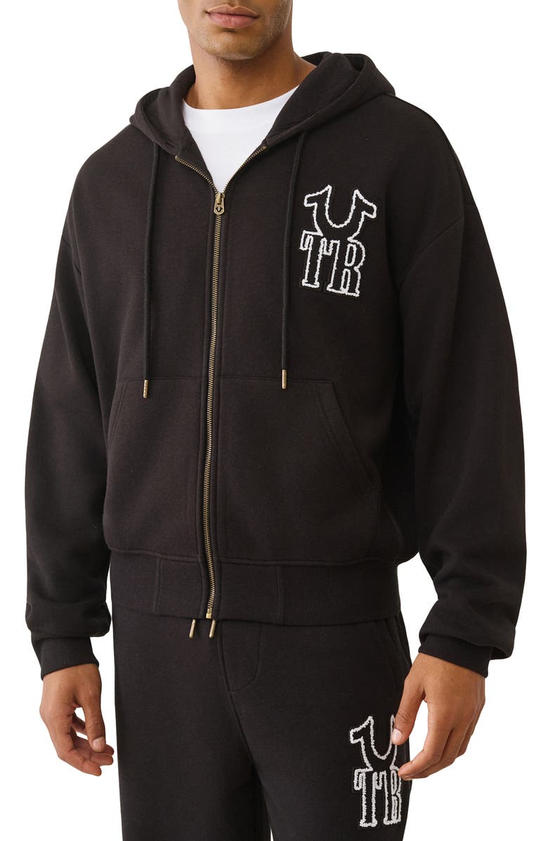 True Religion Rib Stitch Boxy Fit Zip Hoodie, Main, color, Jet Black