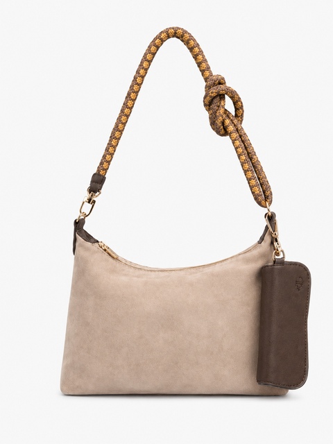 Solara Suede Leather Shoulder Bag with Knot Handle & Charm