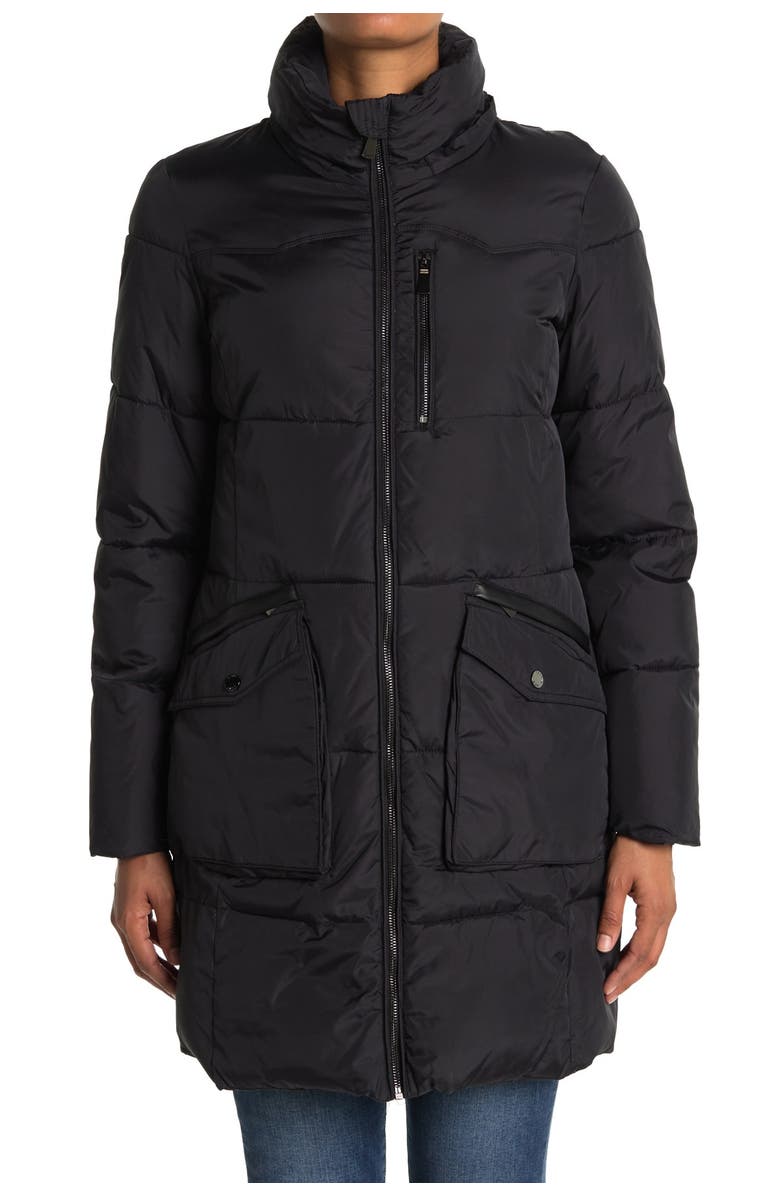 DKNY Faux Fur Trim Down Coat, Alternate, color,
