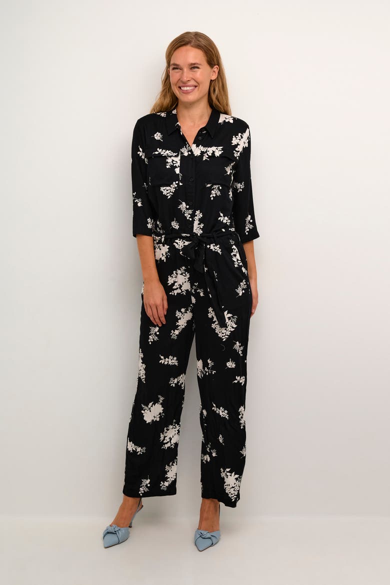 Rutie 3/4 Sleeve Jumpsuit, Main, color, Black/White Flower Print