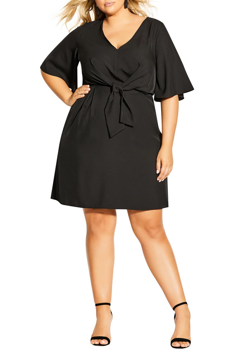 Knot Front Fit & Flare Dress, Main, color, BLACK