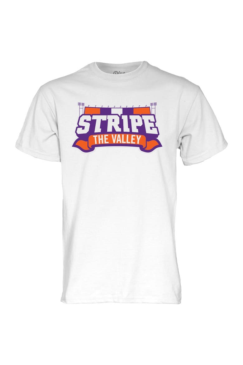 Unisex Blue 84 White Clemson Tigers Stripe the Valley T-Shirt, Alternate, color, White