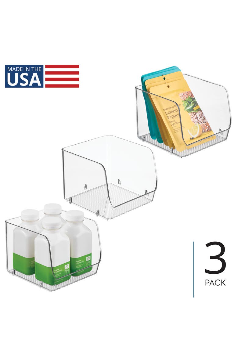Stackable Open-Front Storage Bin, Set of 3, Clear, Made in USA, Alternate, color, Clear