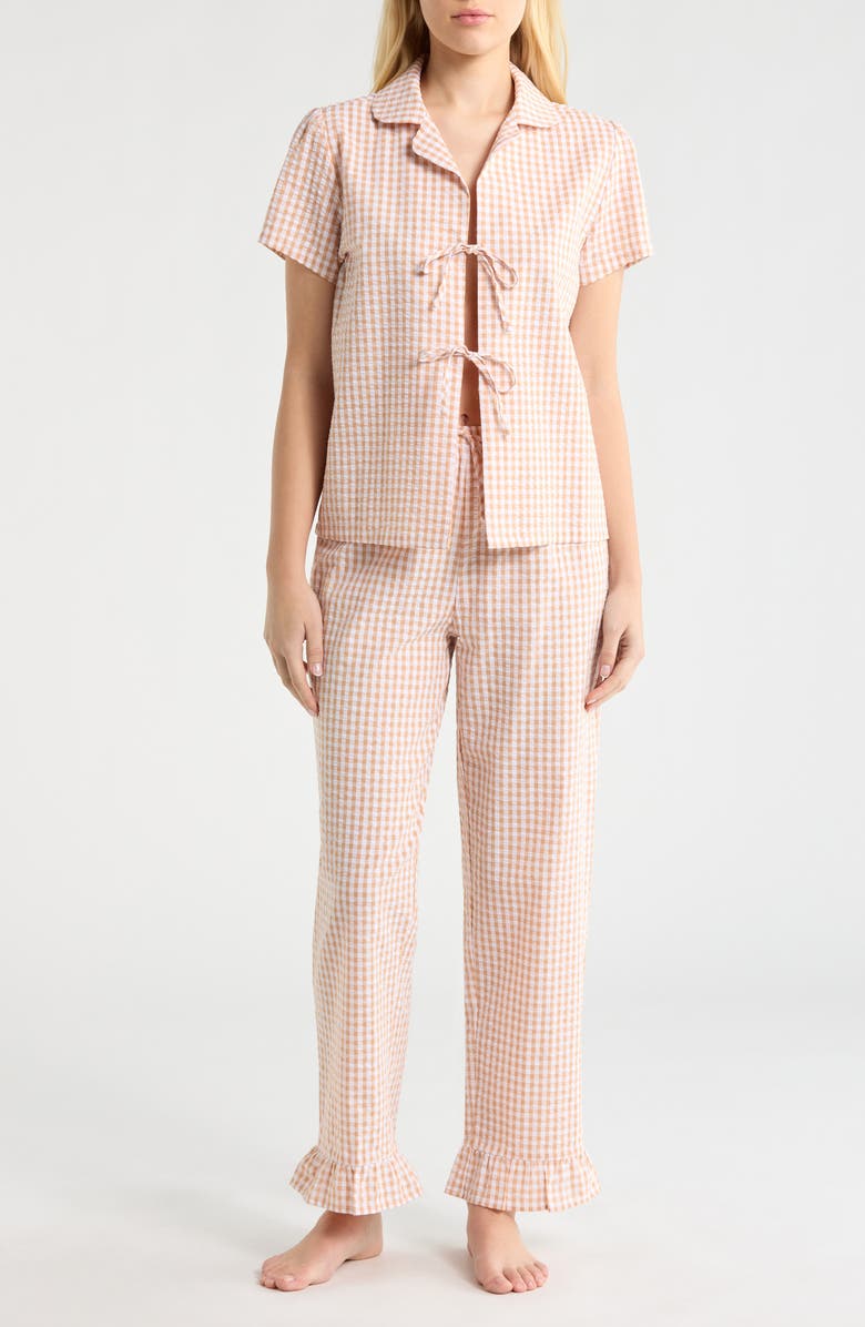 French Connection Gingham Seersucker Pajamas, Main, color, Tan Combo