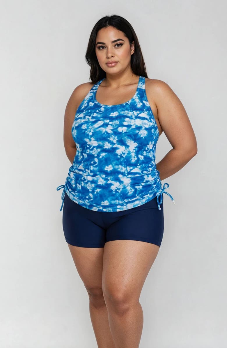 Calypsa Plus Size Maya Tankini Swim Top With Built-In Bra and Navy Swim Shorts Set, Main, color, Blue Tie Dye