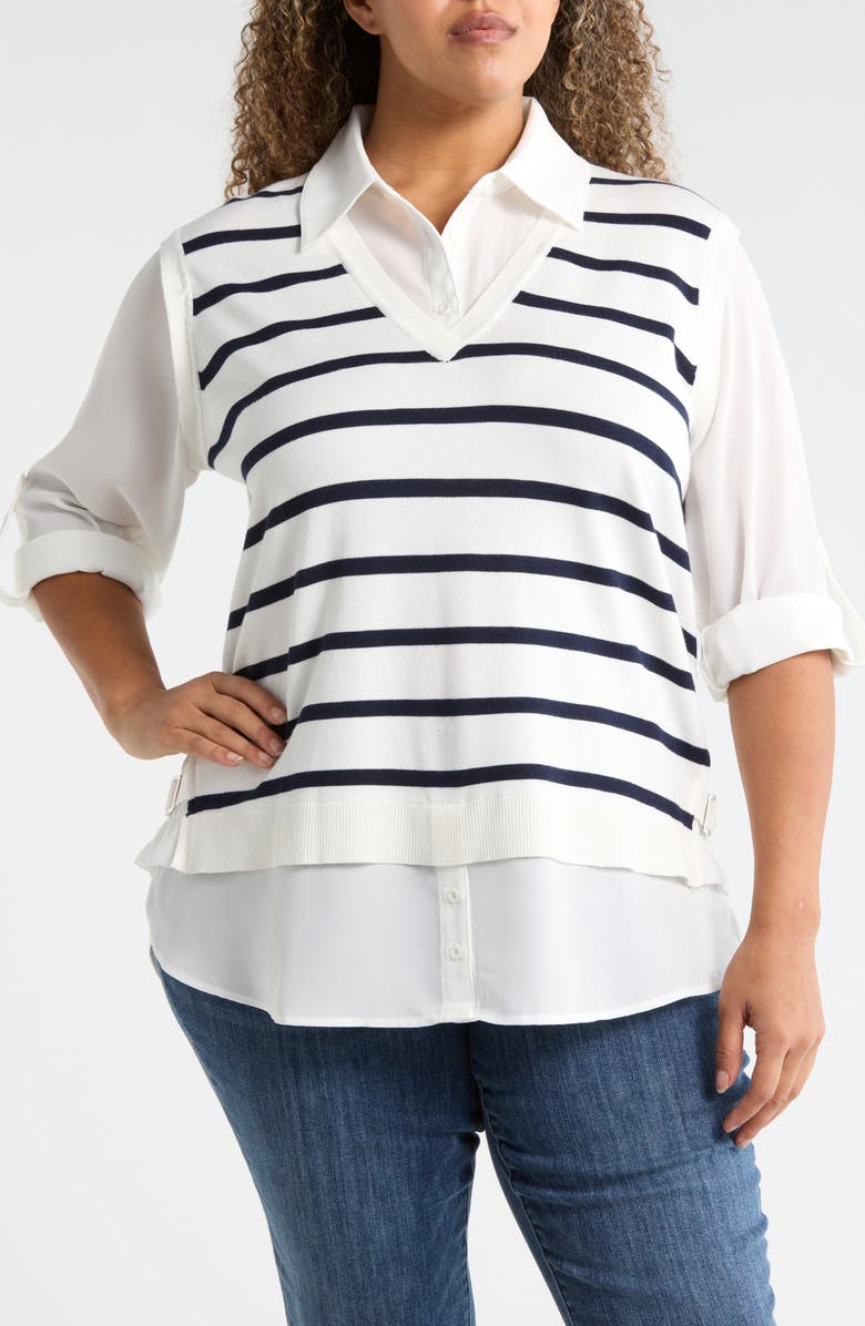 Adrianna Papell V-Neck Twofer Sweater, Main, color, Ivory/ Blue Moon Stripe