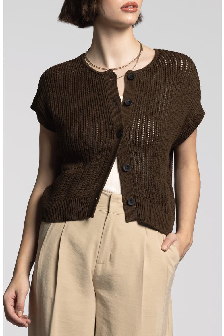 Violette Short Sleeve Linen & Cotton Cardigan, Main, color, BLACK BROWN
