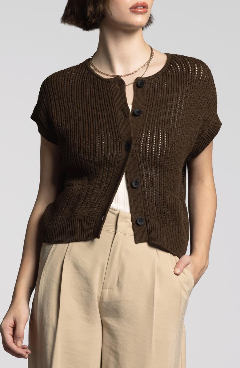 WEEKEND LOS ANGELES Violette Short Sleeve Linen & Cotton Cardigan, Main, color, Black Brown