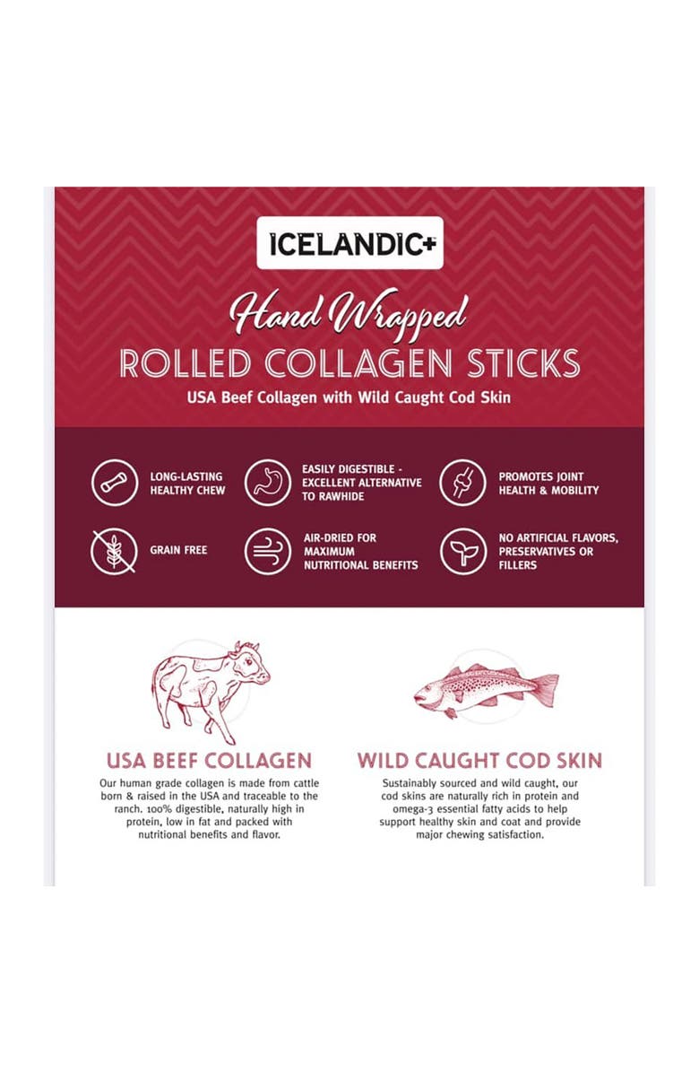 ICELANDIC+ 8 Inch Rolled Collagen Stick Beef and Cod Skin, 18 Pack Dog Treat, Alternate, color, Multicolored