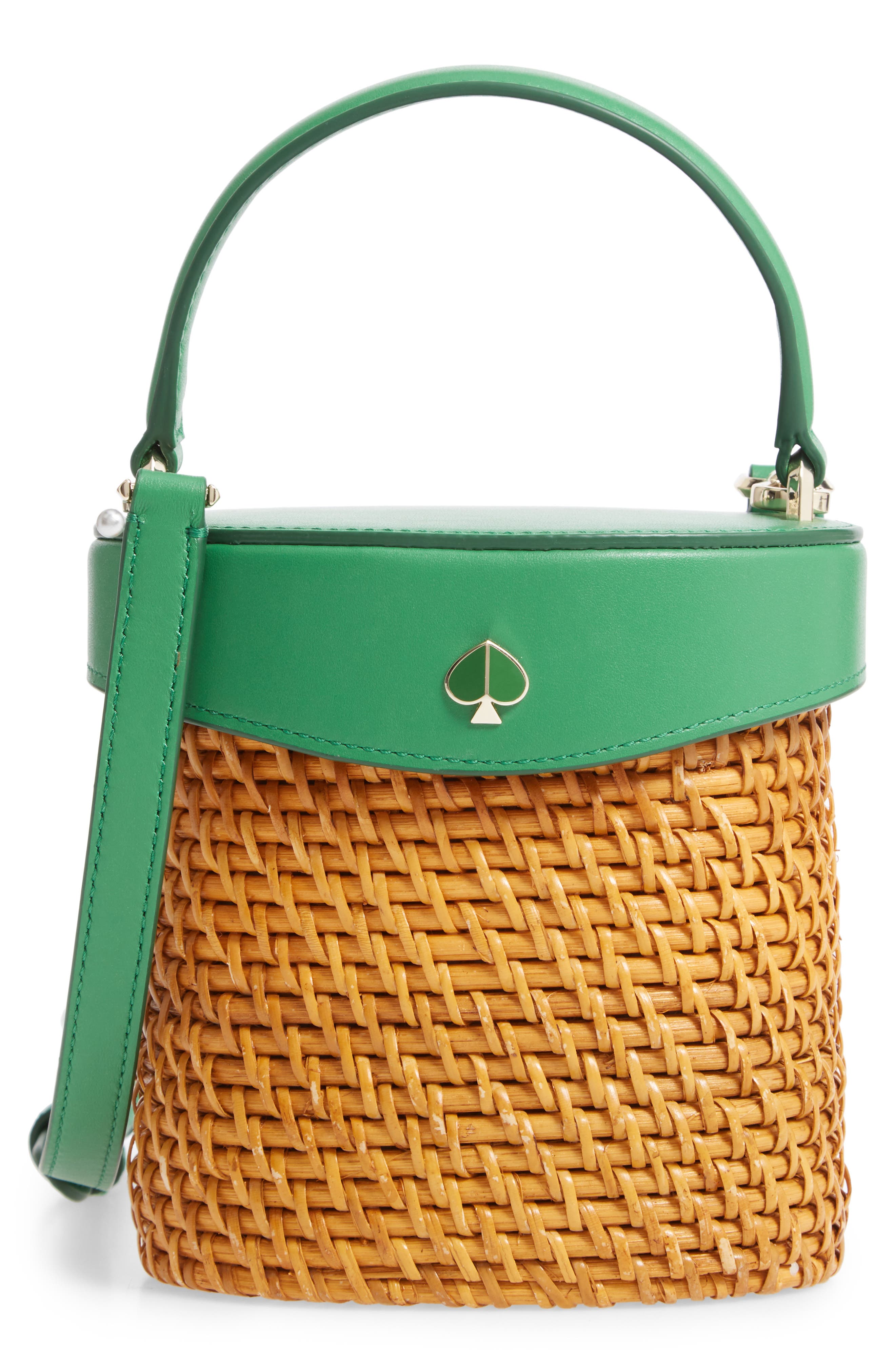 Kate Spade New York mini rose rattan bucket bag, Main, color, 