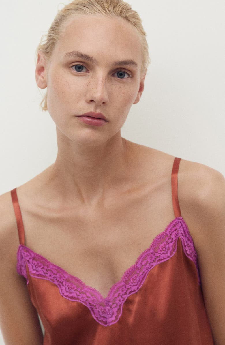 MANGO Lace Trim Stretch Silk Nightgown, Alternate, color, Brown