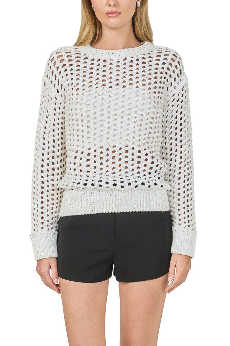 Sequins Open Stitch Sweater, Alternate, color, WHITE