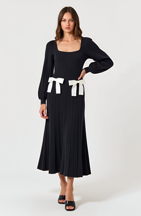 Front Bow Detail Square Neck Puff Sleeve Maxi Sweater Dress