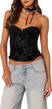 EDIKTED Marnie Floral Velvet Strapless Corset Top