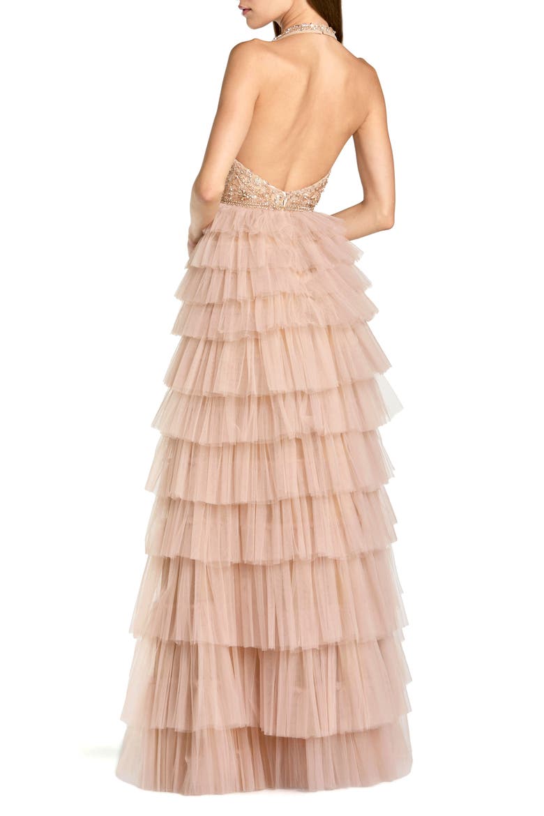 Beaded Tulle Sleeveless V Neck Ruffle Column Gown, Alternate, color, Nude
