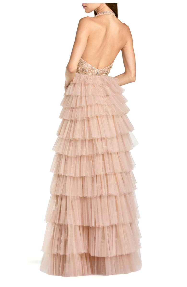 Mac Duggal Beaded Tulle Sleeveless V Neck Ruffle Column Gown, Alternate, color, Nude
