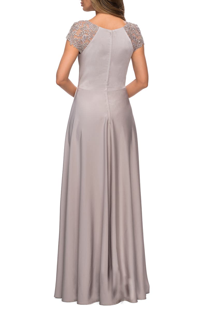 La Femme Pleat Cap Sleeve Satin Gown, Alternate, color, 