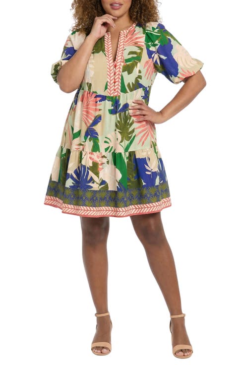 Puff Sleeve Palm Printed Dress (Plus)