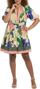 London Times Puff Sleeve Palm Printed Dress