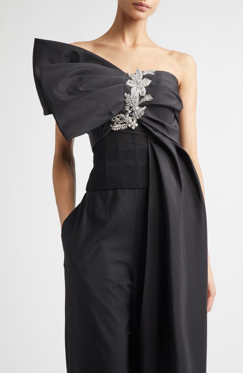 Oscar de la Renta Crystal Embroidered Bow Faille Bustier Top, Alternate, color, Black