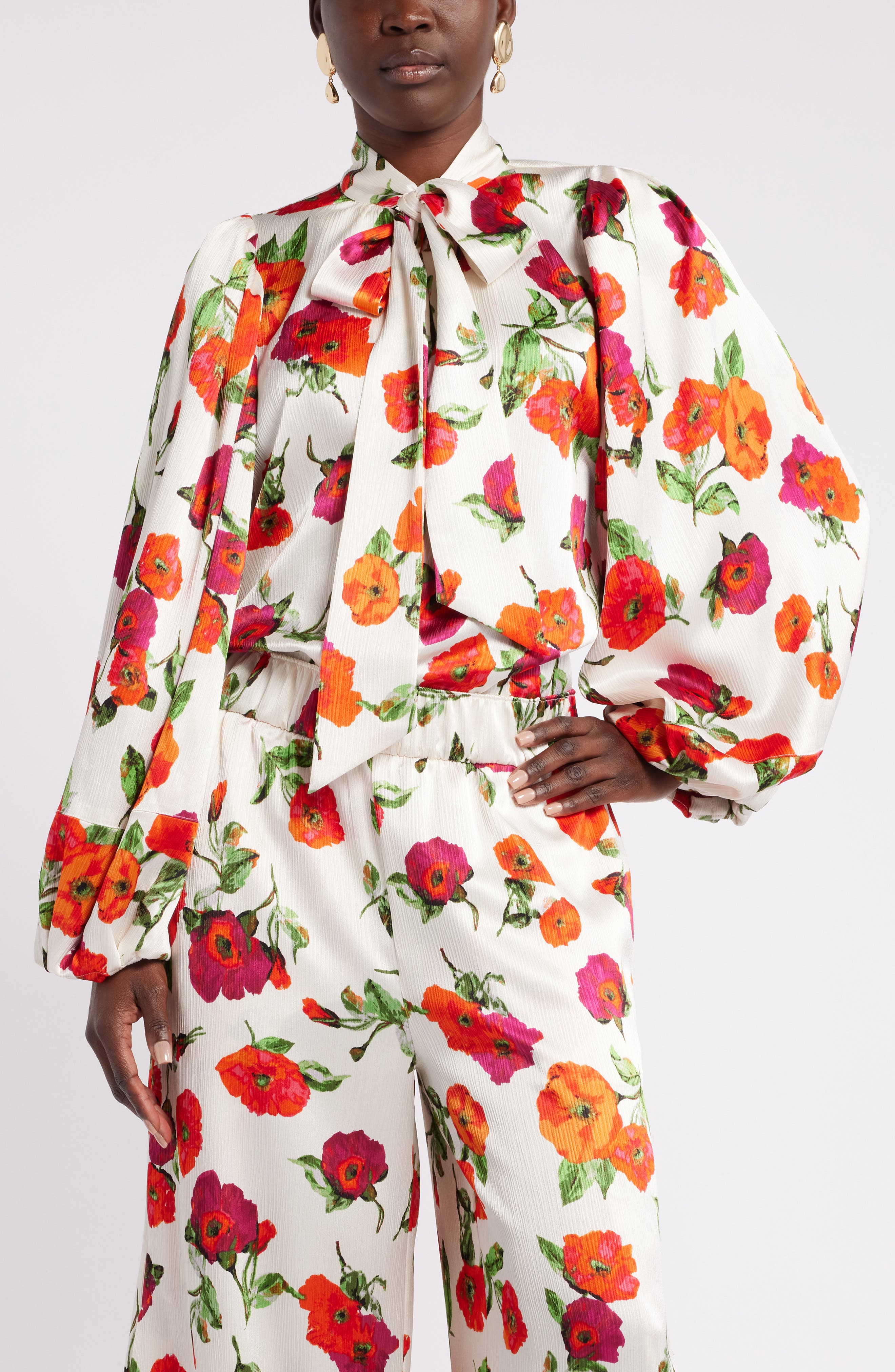 Harbison Romantic Floral Tie Neck Top