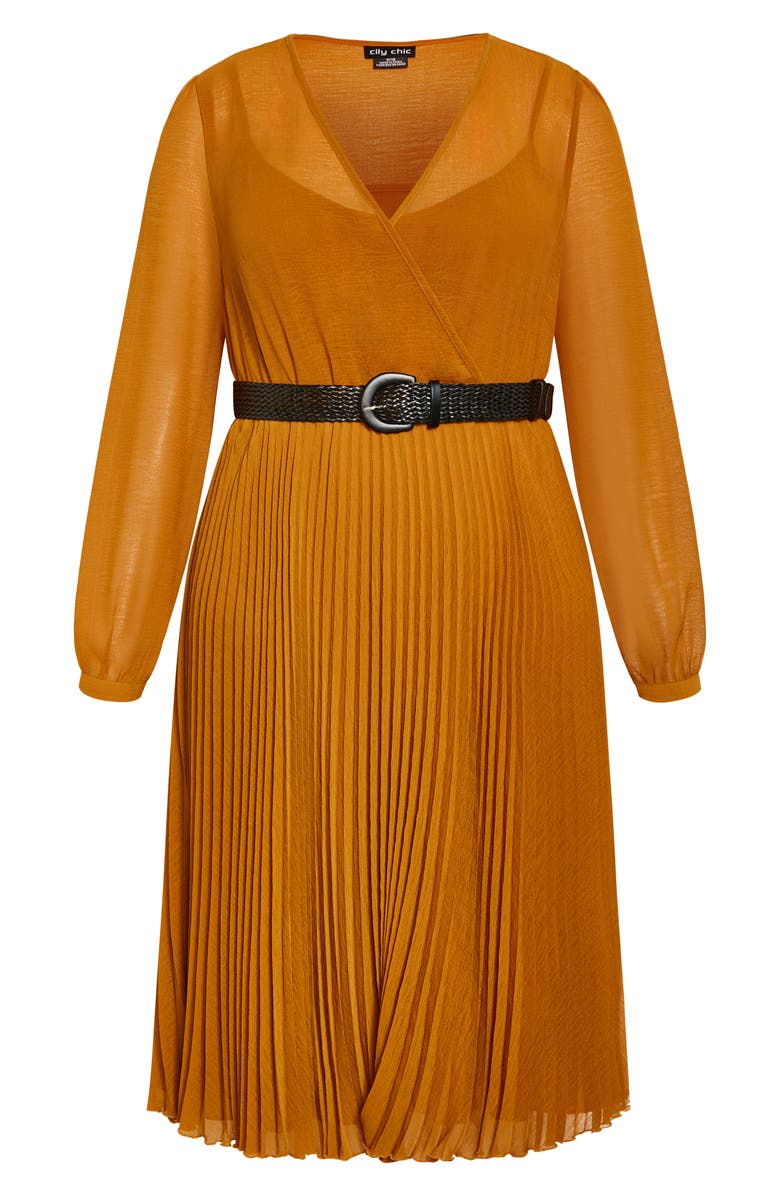 City Chic Precious Pleat Belted Long Sleeve Midi Dress, Alternate, color, 