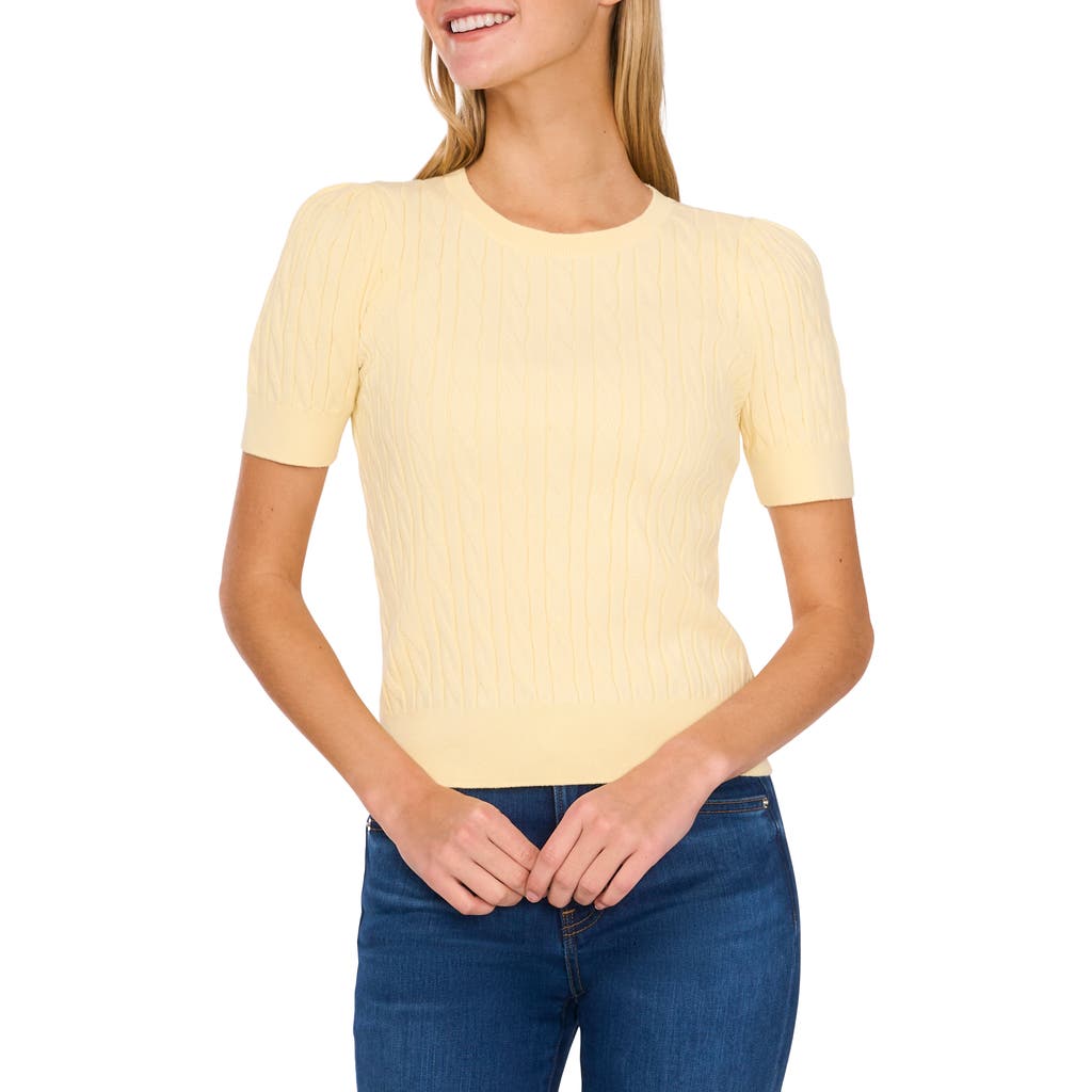 Cece Cable Stitch Short Sleeve Cotton Sweater In Lemon Drop
