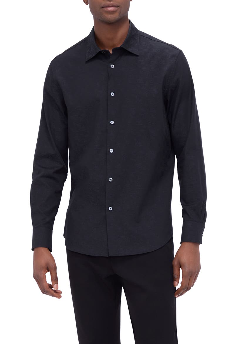 Julian Shaped Fit Stretch Print Button-Up Shirt, Main, color, BLACK