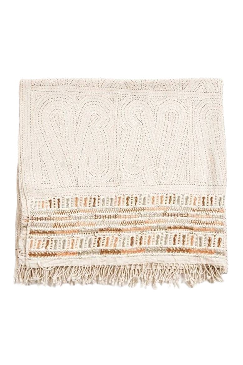 Unah Coral Fully Hand Embroidered Handwoven Organic Cotton Throw, Alternate, color, Brown
