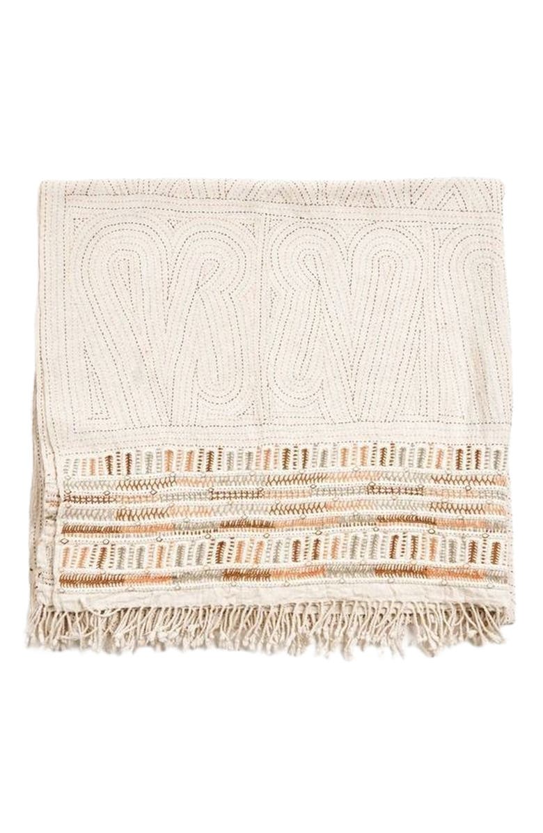 Studio Variously Unah Coral Fully Hand Embroidered Handwoven Organic Cotton Throw, Alternate, color, Brown
