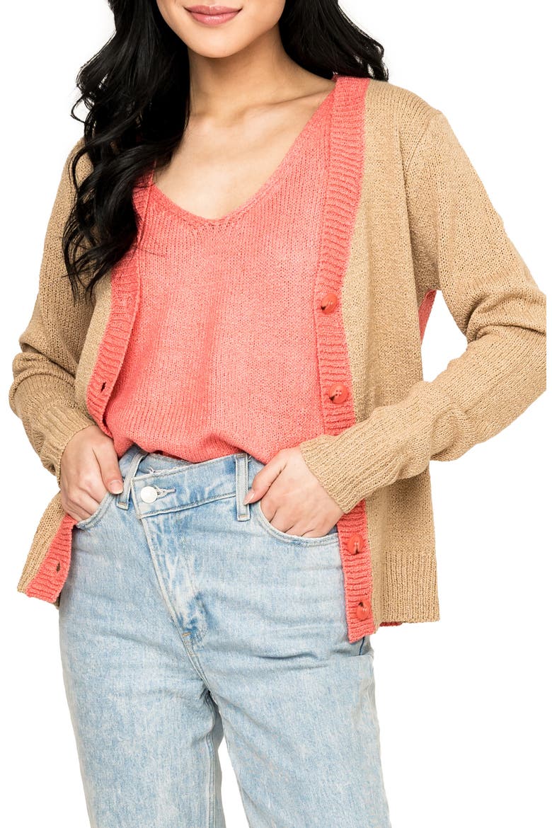 Gigi Colorblock Cardigan, Main, color, NATURAL CORAL ROSE