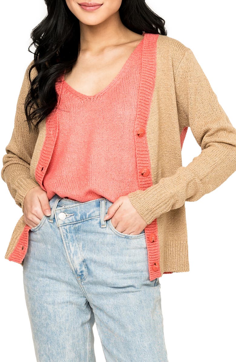GIBSONLOOK Gigi Colorblock Cardigan, Main, color, Natural Coral Rose