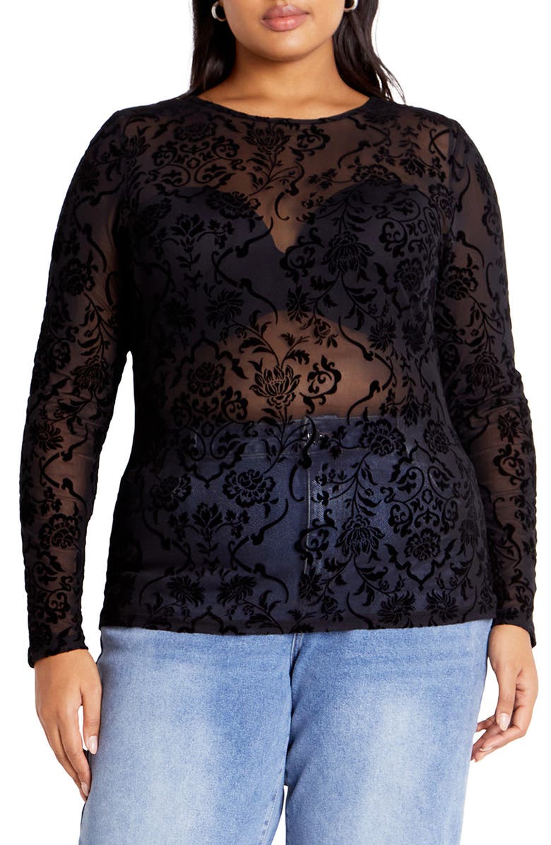 City Chic Sienna Velvet Floral Mesh Long Sleeve Top, Main, color, 