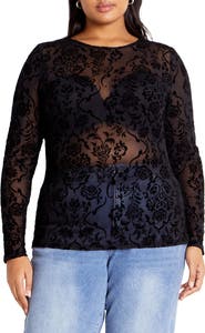City Chic Sienna Velvet Floral Mesh Long Sleeve Top