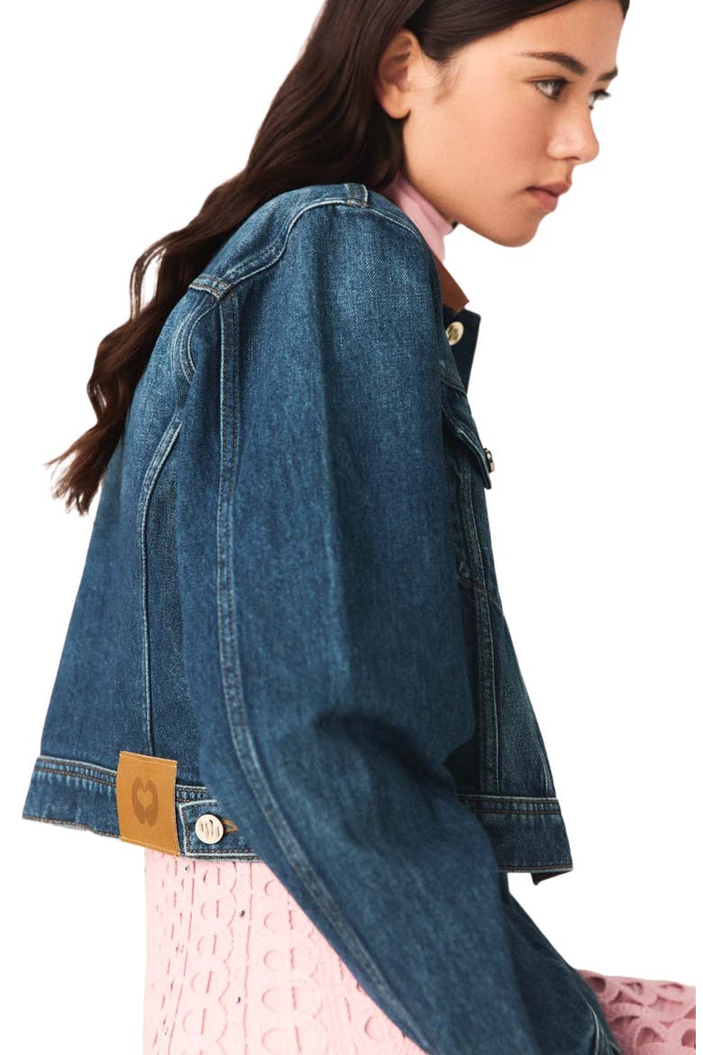 Denim jacket with leather collar, Alternate, color, Blue