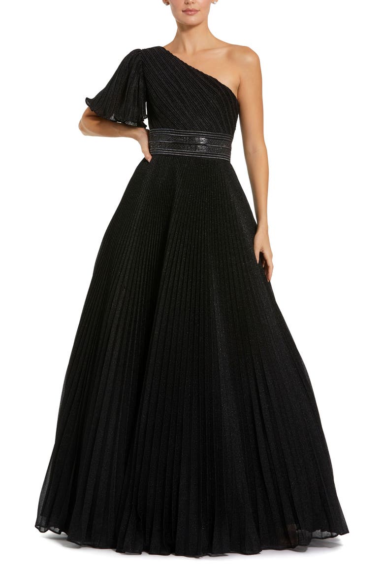 Pleated Shimmering Georgette One Shoulder Gown, Main, color, Black