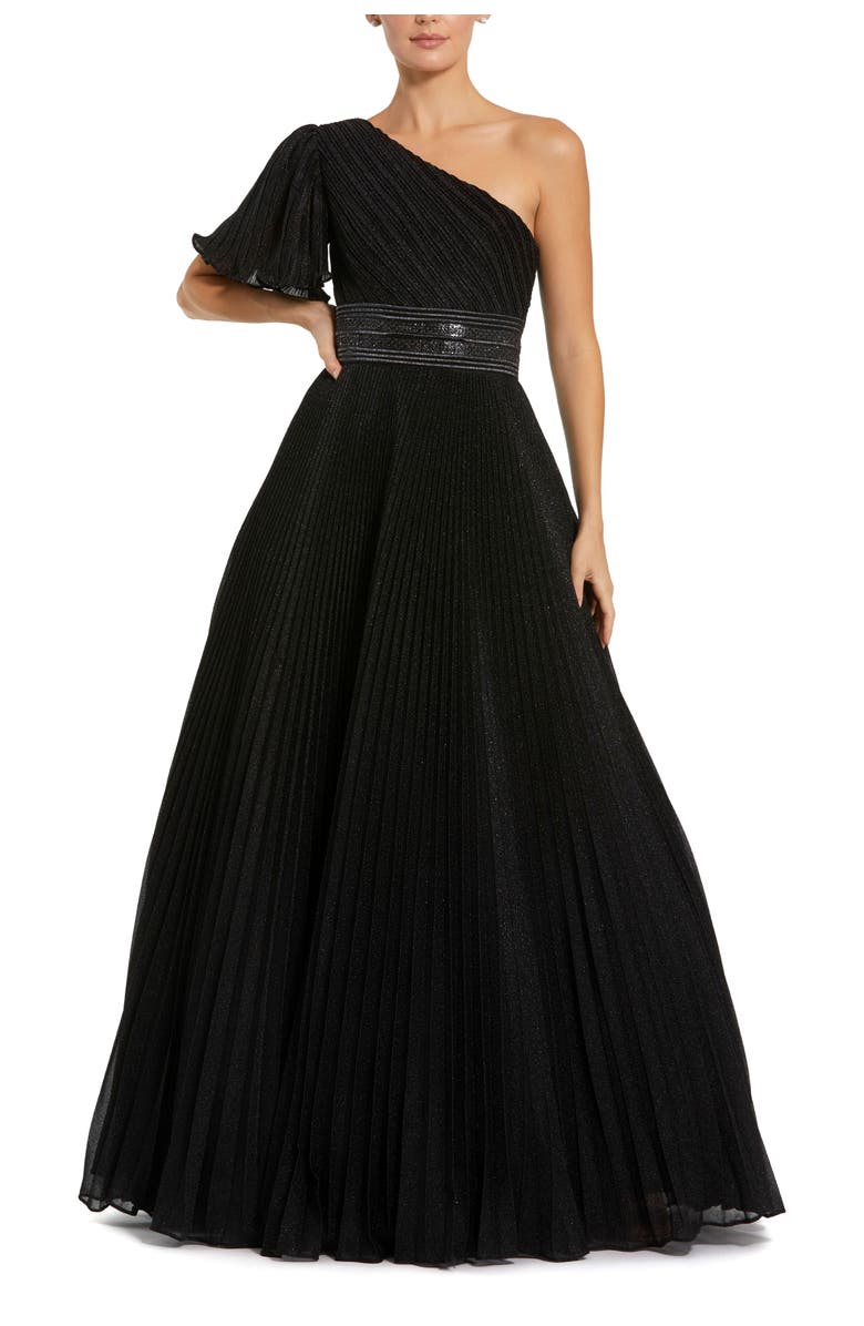 Mac Duggal Pleated Shimmering Georgette One Shoulder Gown, Main, color, Black